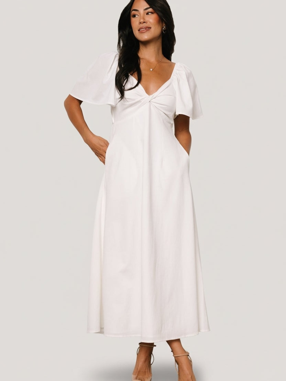 Baltic Born White Knot-Front Maxi Dress with Flutter Sleeves